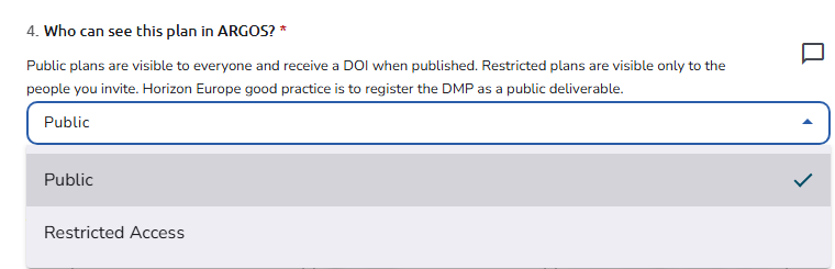 An Access question titled Who can see this plan, with its help text and the dropdown open on Public and Restricted Access