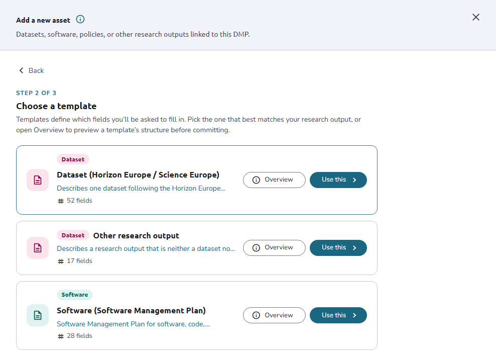 Choose a template step listing three templates, each with Overview and Use this