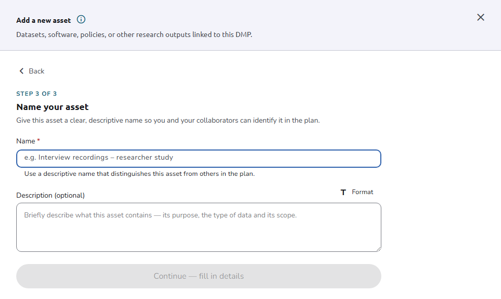 Name your asset step with the Name and Description fields and Continue — fill in details