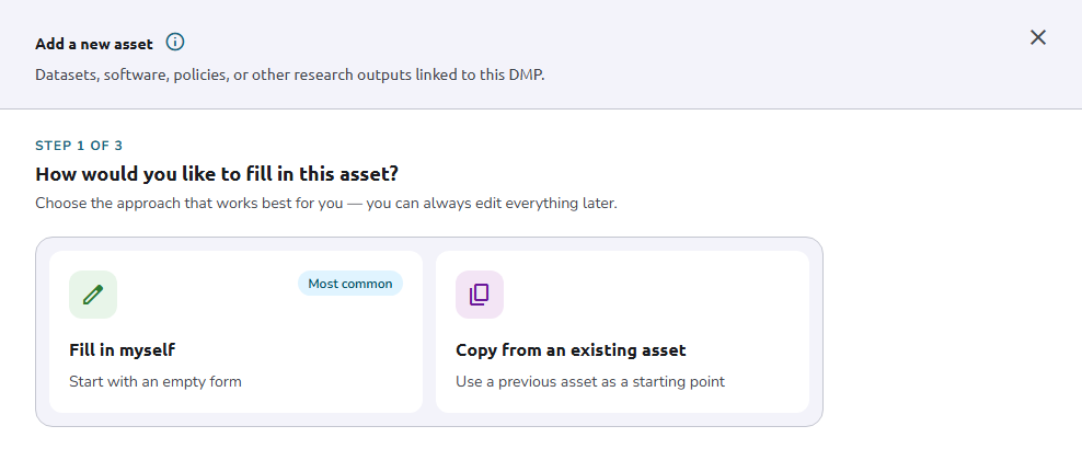 First step of the Add a new asset panel with the Fill in myself and Copy from an existing asset cards