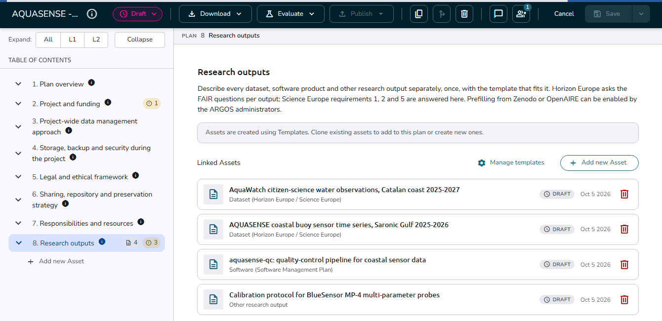 Plan editor section with its Linked Assets, Manage templates, and Add new Asset