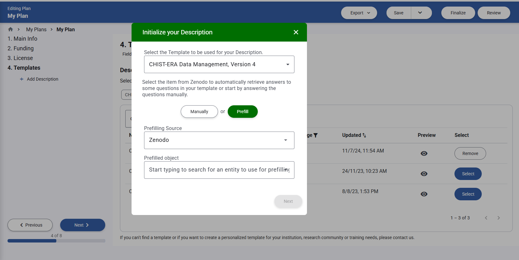Prefill description pop up dialog