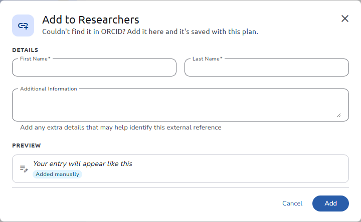 Add to Researchers dialog with the First Name and Last Name details, Additional Information, and the preview