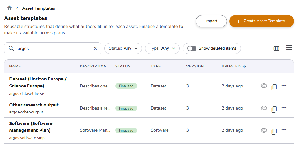 The Asset Templates listing searched for "argos": the search input, the Status and Type filter chips, the Show deleted items toggle, the Display settings and density buttons, and three finalized templates with their View, clone, and actions-menu icons