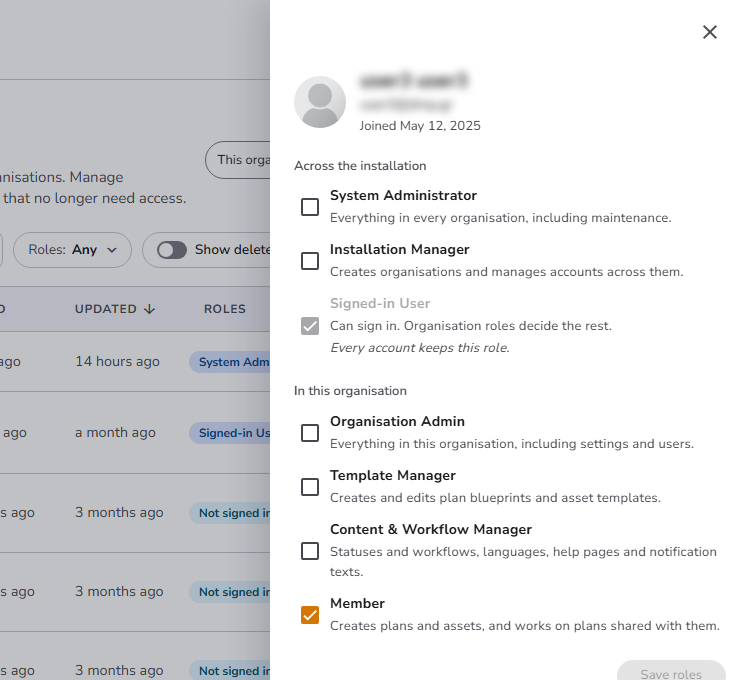 A person's drawer in the All organisations view, with the Across the installation group, where Signed-in User is ticked and locked, and the In this organisation group
