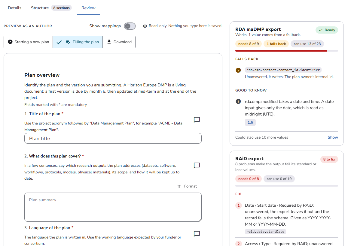 The Review tab of a plan blueprint: the author preview on the left, set to Filling the plan, and on the right the coverage of the RDA maDMP export and RAiD export plugins, with needed, fallback, and can-use counts