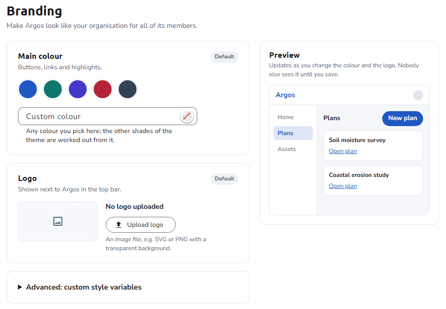 The Branding page: the Main colour card with five suggested colours and the Custom colour field, the Logo card with Upload logo, the collapsed Advanced: custom style variables card, and the Preview on the right