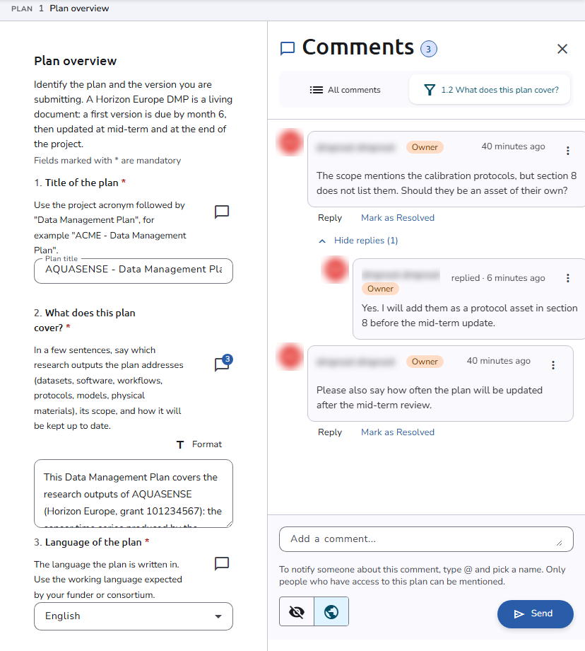 Comments panel in the plan editor, filtered to one question: a thread with a reply, a second comment, Mark as Resolved, and the new comment box