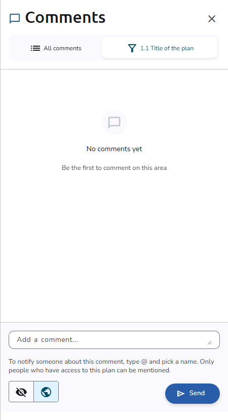 Comments panel filtered to one question, with the All comments tab, the comment box, the visibility buttons, and Send