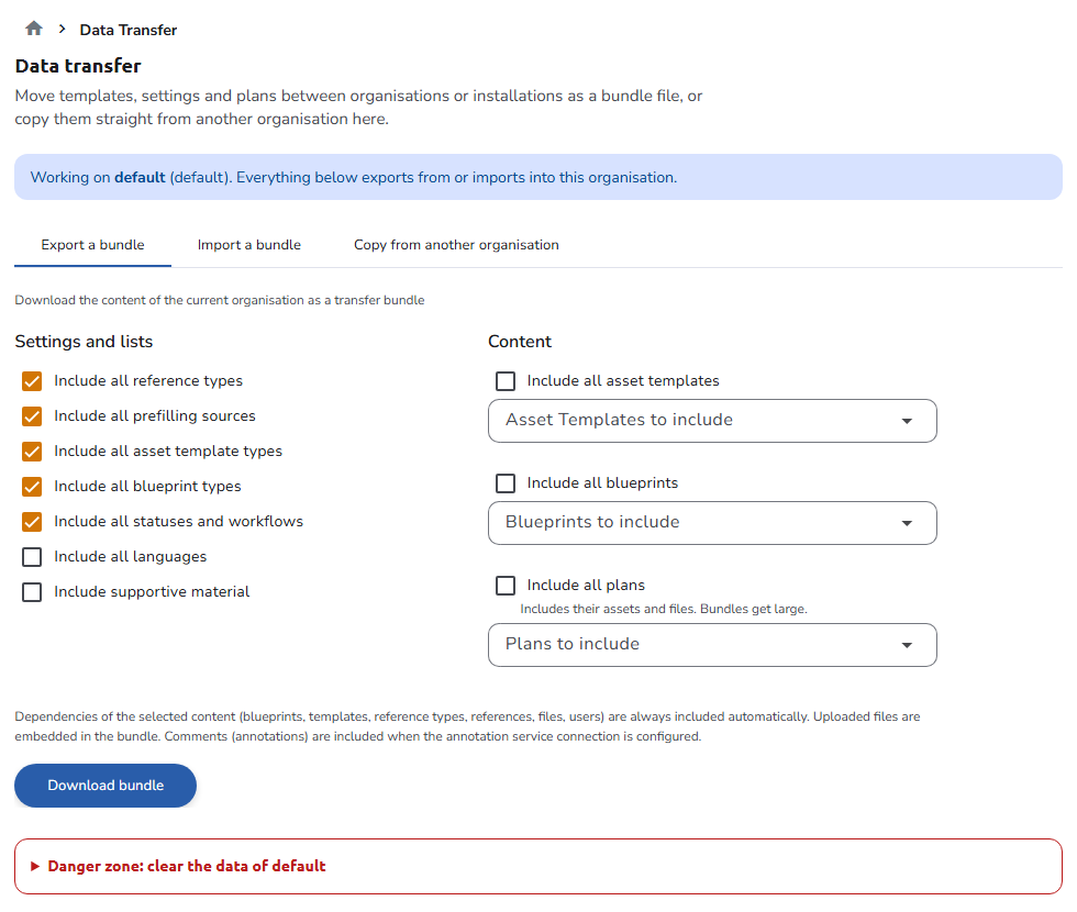 The Data transfer page on the Export a bundle tab: the organisation it works on, the Settings and lists and Content options, the Download bundle button, and the collapsed Danger zone section