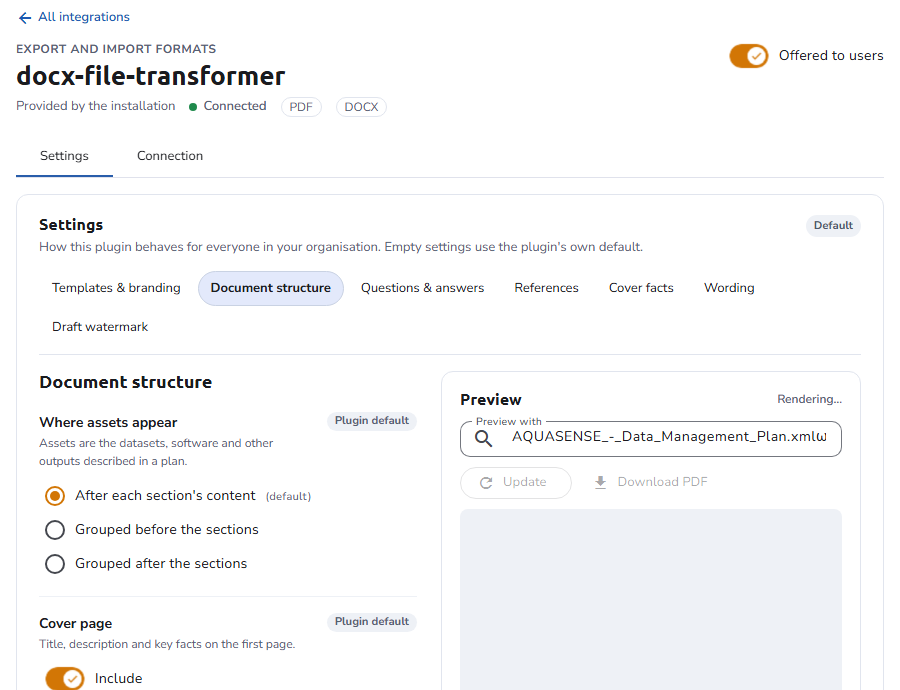 Settings tab of the docx-file-transformer plugin page, showing the setting groups, the Document structure settings, and the Preview pane