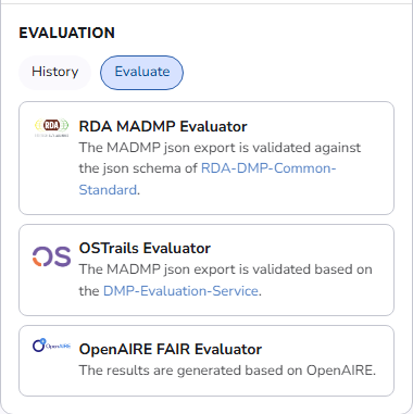 The Evaluation box of the Plan overview page with the Evaluate toggle selected, listing the RDA MADMP, OSTrails, and OpenAIRE FAIR evaluators