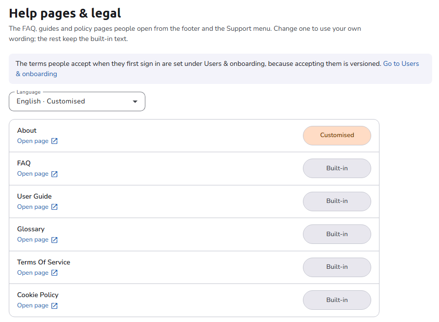 The Help pages &amp; legal page: the Language selector and the list of pages, each with an Open page link and its state, Customised or Built-in