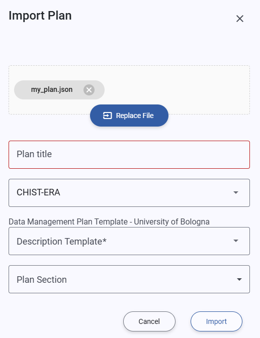 Import JSON plan dialog