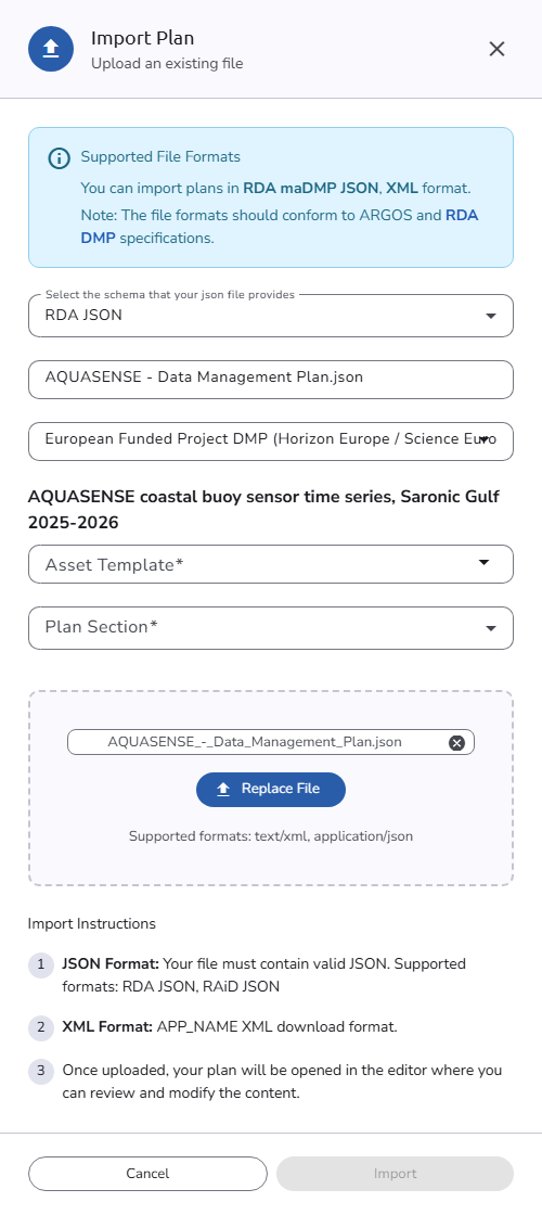 The Import Plan panel with an RDA JSON file analyzed, showing the plan title, the selected blueprint, and the Asset Template and Plan Section fields of the asset found in the file