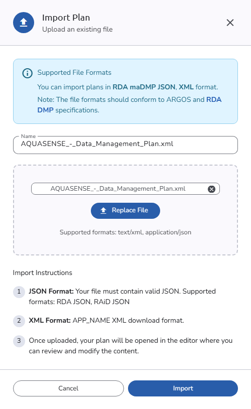 The Import Plan panel with an XML file uploaded, showing the Name field, the Replace File button, and the enabled Import button