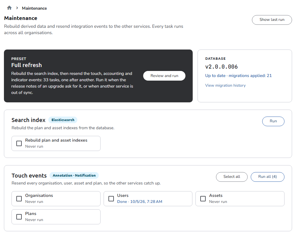 The top of the Maintenance page: the Full refresh preset, the Database card with the schema version and migration state, and the Search index and Touch events task groups