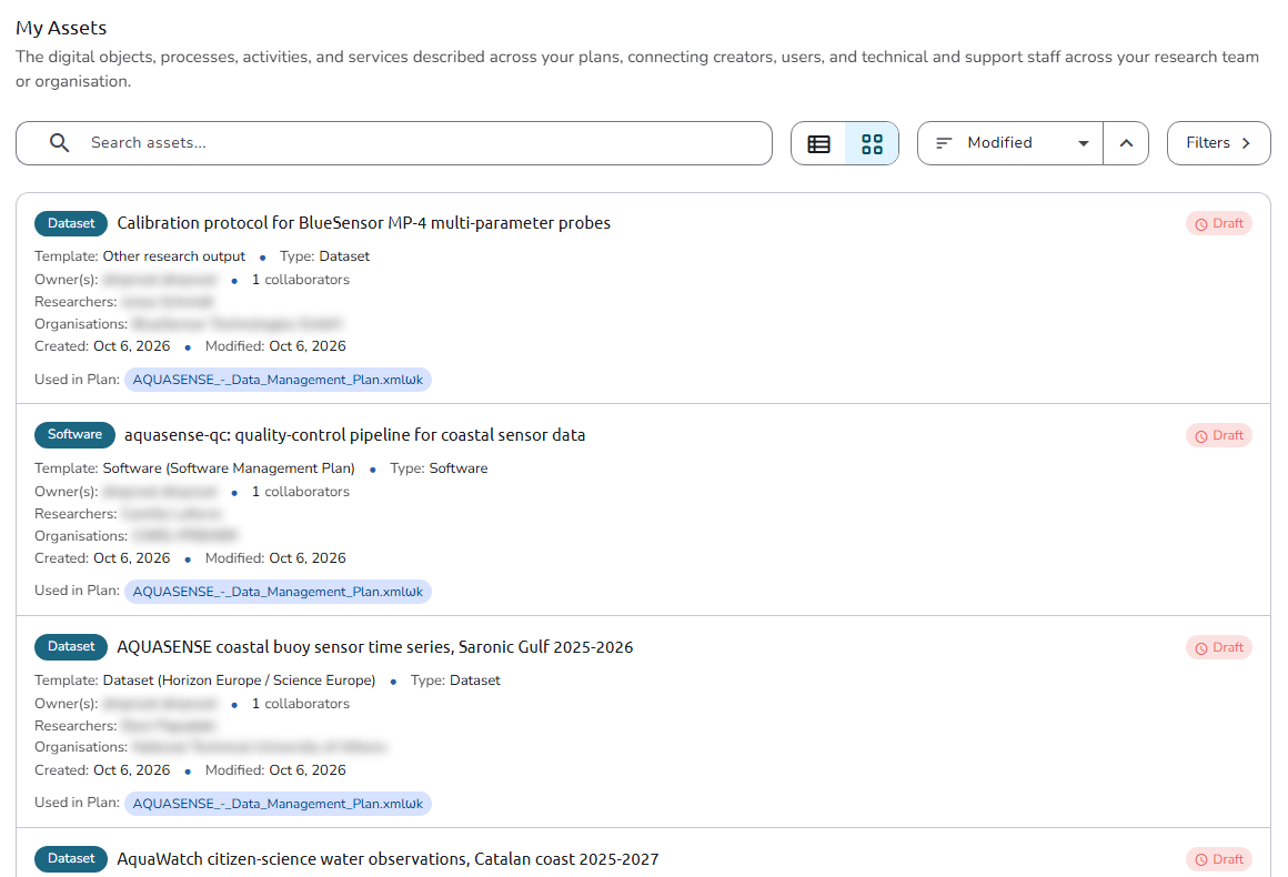 My Assets page with the search box, the view toggle, the sort control, the Filters button, and the asset cards