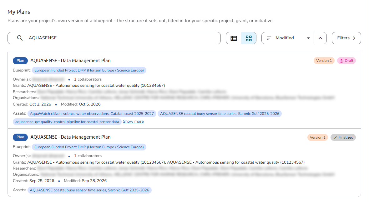 The My Plans page, with the search box, view toggle, sort control, and Filters button above two plan cards