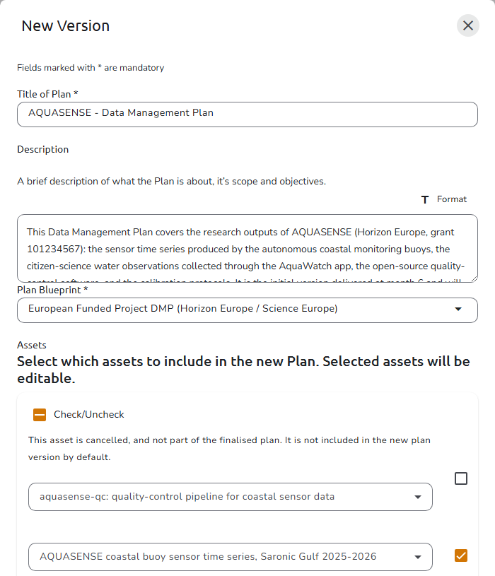 The New Version dialog, with the Title of Plan, Description, and Plan Blueprint fields and the list of assets to include
