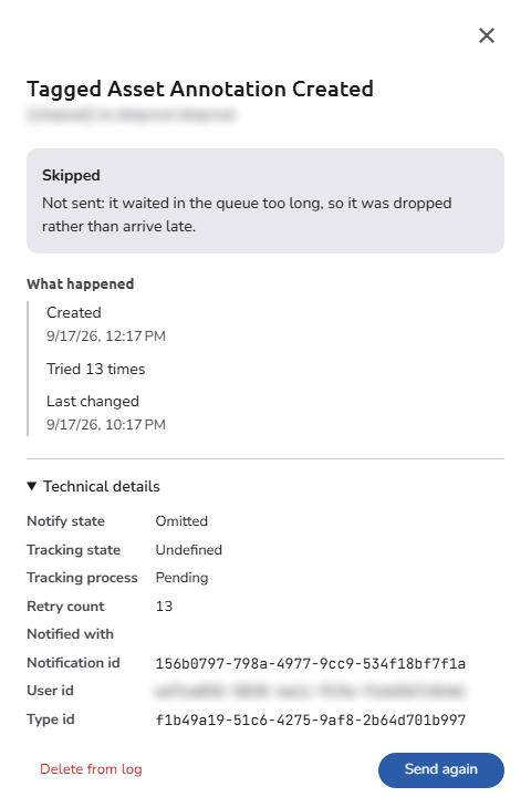 The drawer of a skipped notification: the explanation of the result, the What happened timeline with 13 tries, the Technical details, and the Delete from log and Send again buttons