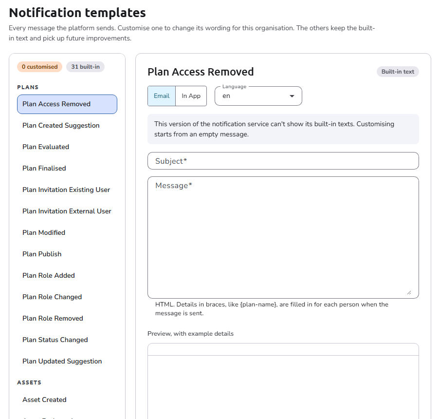 The Notification templates page: the notifications grouped by topic on the left, and the editor of the selected notification with its channel, language, subject, and message