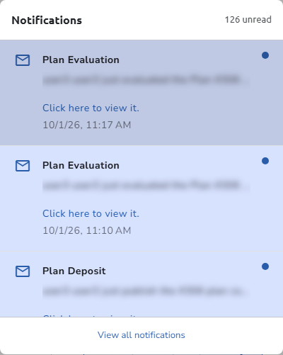 The Notifications panel open under the bell, with the unread count, three unread notifications, and View all notifications at the bottom