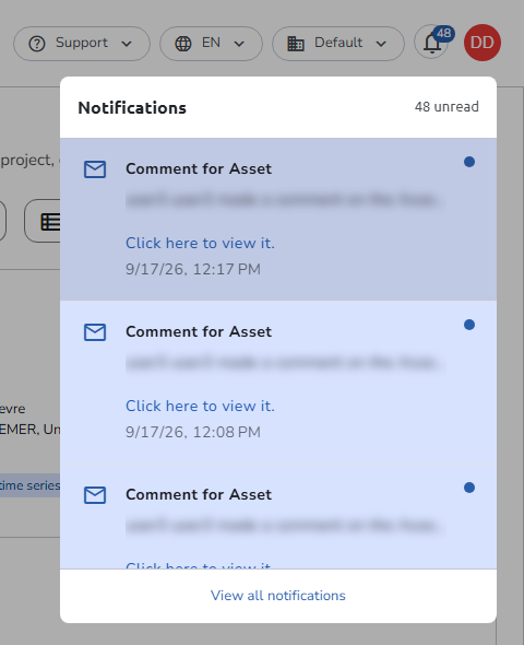 Notifications panel open under the bell, with recent comment notifications and the View all notifications button