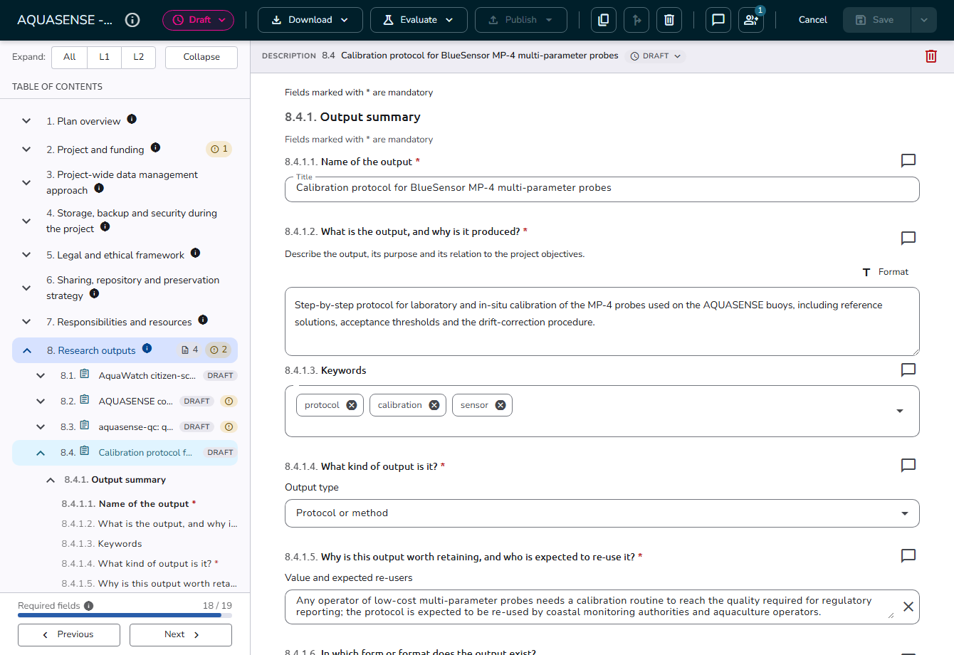 Asset open in the plan editor, with the context band and status button above the form and the asset's sections in the table of contents