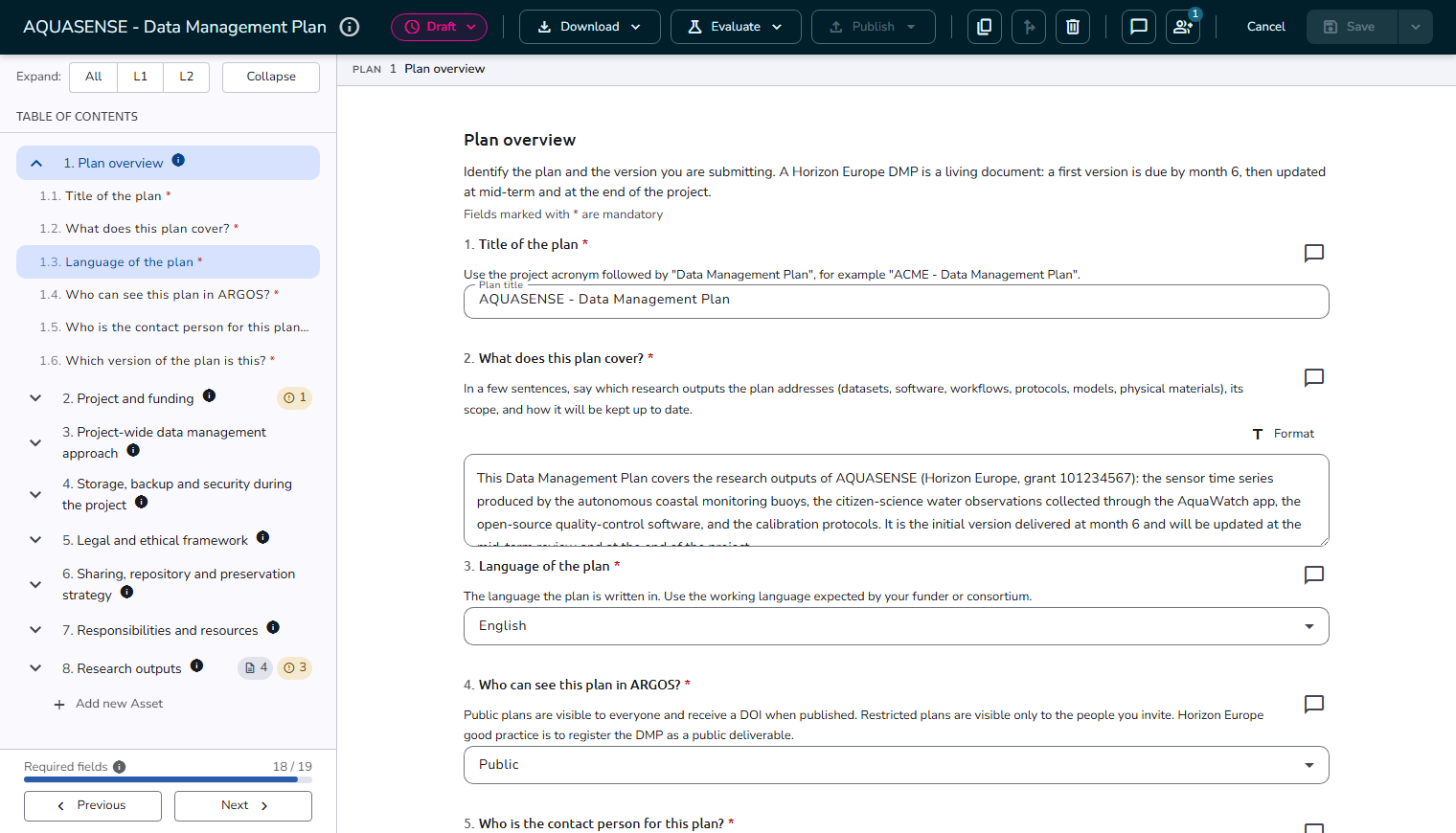 The plan editor, with the toolbar across the top, the table of contents on the left, and the first section of the plan in the center