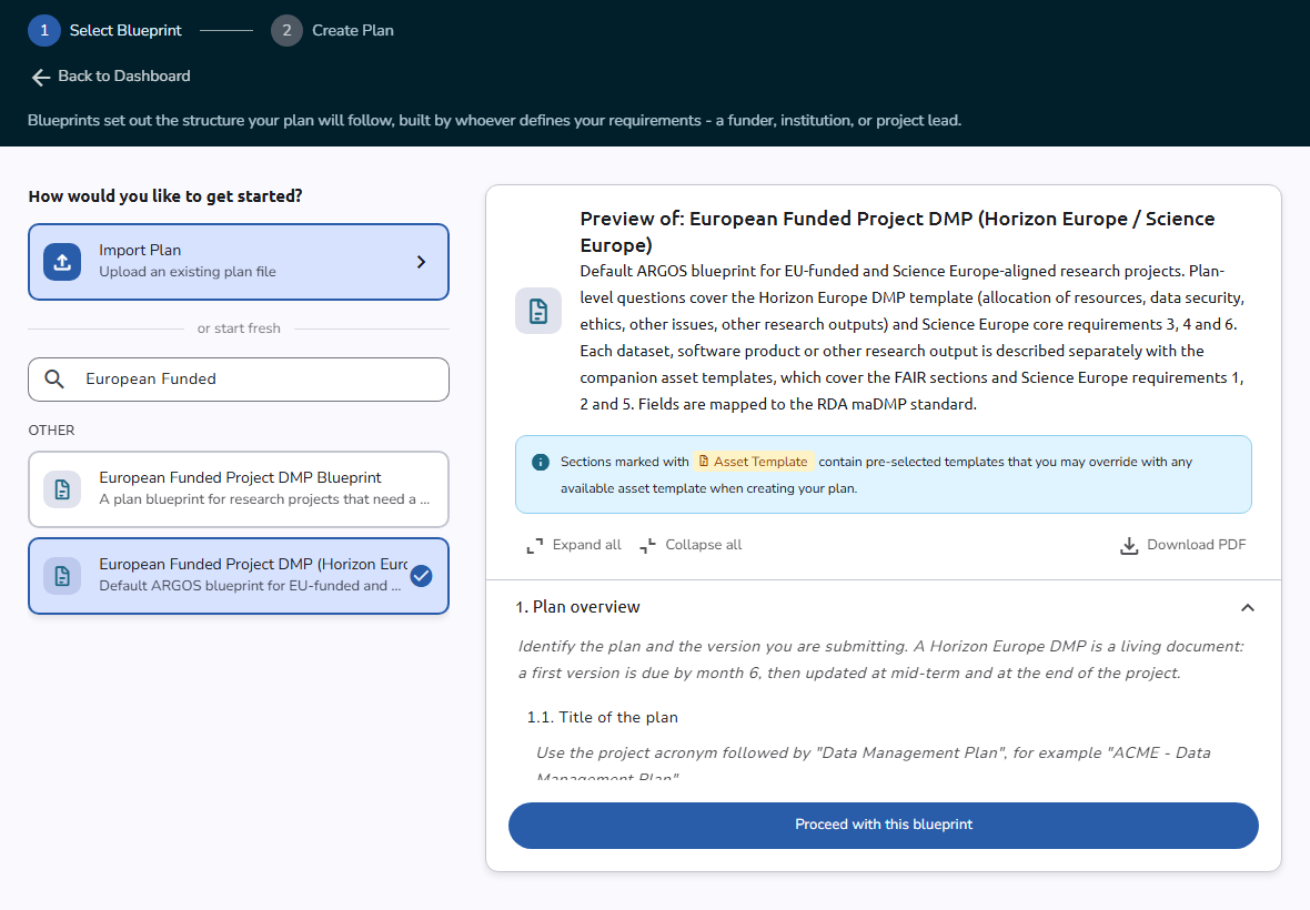 The Select Blueprint step, with the Import Plan card and the blueprint list on the left and the preview of the selected blueprint on the right