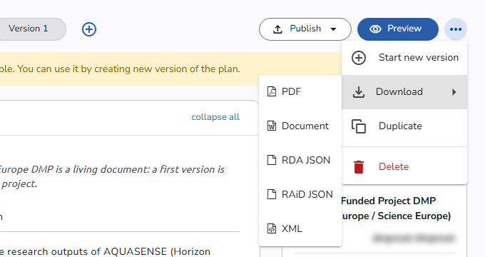 The more actions menu of the Plan Overview page with the Download submenu open, listing PDF, Document, RDA JSON, RAiD JSON, and XML