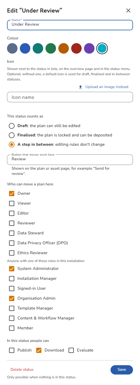 The status panel of a plan status, with its name, color, icon, what it counts as, the button label, the plan roles and account roles that can move a plan here, and what people can do in it