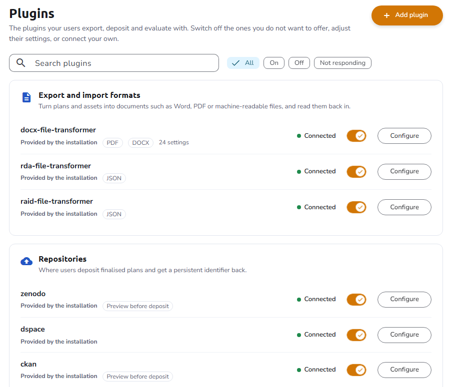 The Plugins page: a search box and filters above the Export and import formats and Repositories groups, each plugin with its status, an on/off switch, and a Configure button