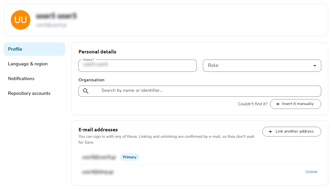 Profile tab with the Personal details and E-mail addresses cards