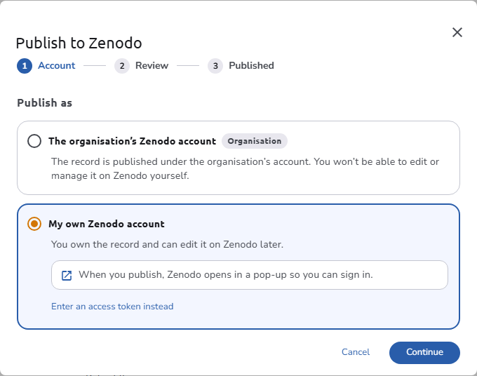 The Account step of the Publish to Zenodo dialog, offering the organisation's Zenodo account and the user's own Zenodo account