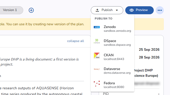 The Publish menu on the Plan overview page, listing Zenodo, DSpace, CKAN, Dataverse, and Fedora under Publish to, each with the address of its records
