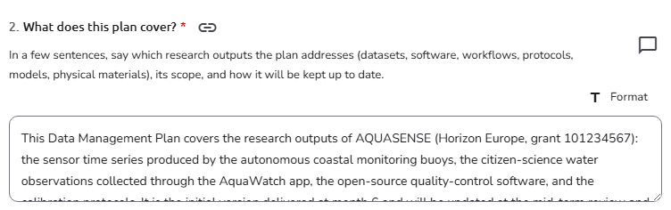 A plan question with its number and title, the required asterisk, the link icon, the help text, the comment icon on the right, and a rich text answer with the Format button