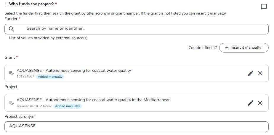 A Funder search bar with Insert it manually, and Grant and Project fields showing selected references as cards