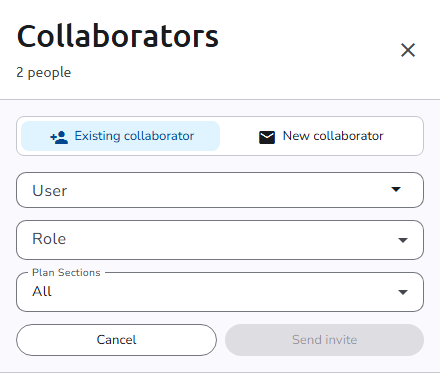 The invite form, with the Existing collaborator and New collaborator toggle and the User, Role, and Plan Sections fields