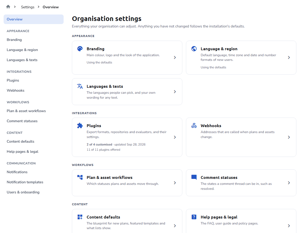 The Overview of the Settings hub: the section menu on the left, and cards for Branding, Language &amp; region, Languages &amp; texts, Plugins, Webhooks, Plan &amp; asset workflows, and Comment statuses, some marked Using the defaults and others showing how many of their settings differ from the defaults