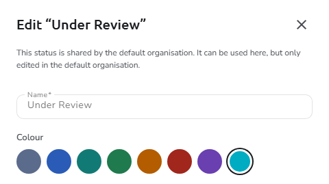 The status panel of a shared status opened in another organisation, with the note that it can only be edited in the default organisation and its fields read-only