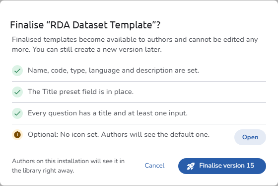 The Finalise dialog of an asset template: three passing checks, an optional suggestion about the missing icon with an Open button, and the Cancel and Finalise version 15 buttons