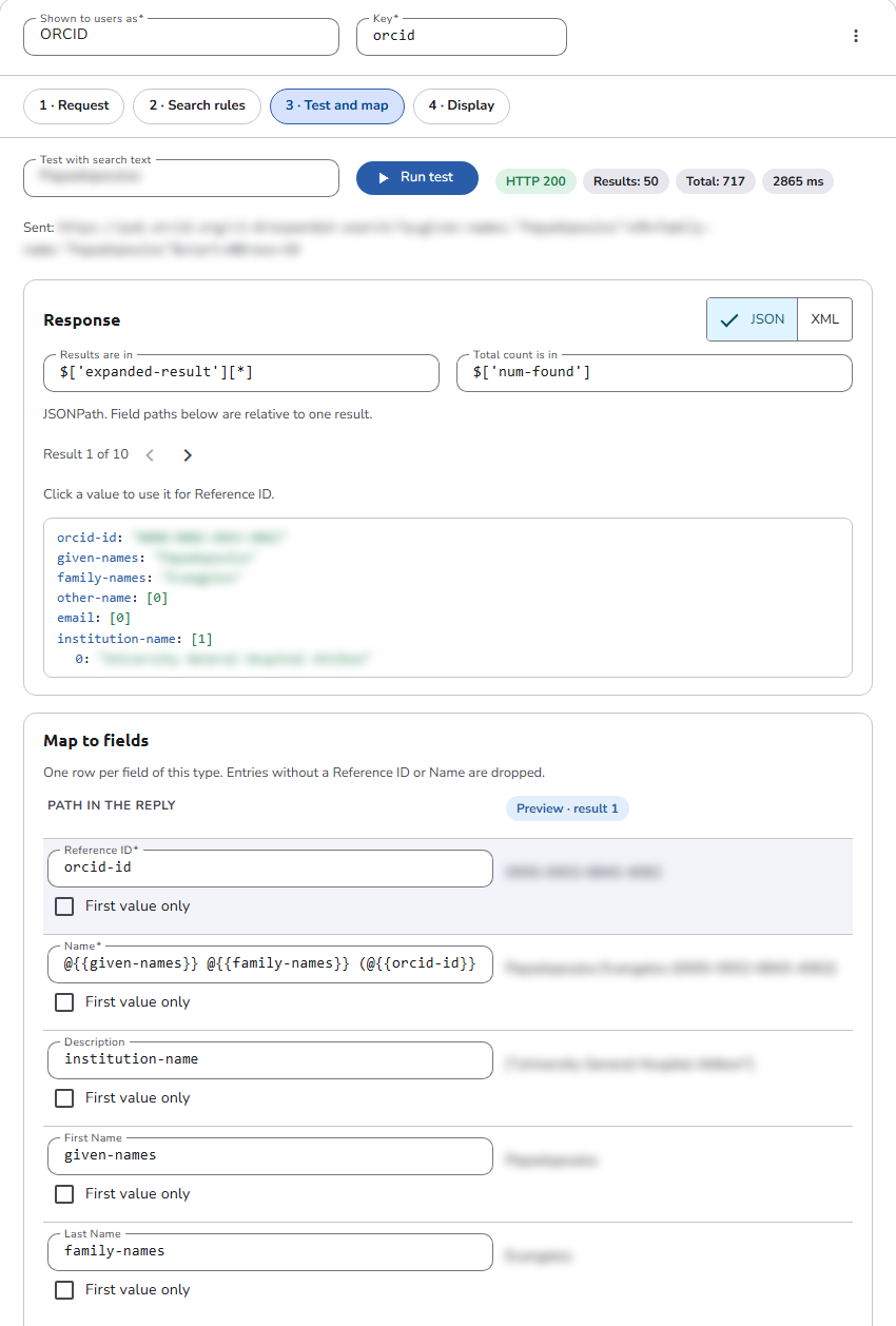 The Test and map step of an ORCID source after a test search: the HTTP status, result count, and response time, the Response settings with the reply shown as a tree, and the Map to fields rows with a preview of each value