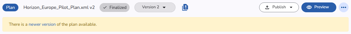 The header of a previous plan version, with the Version 2 dropdown and the message There is a newer version of the plan available